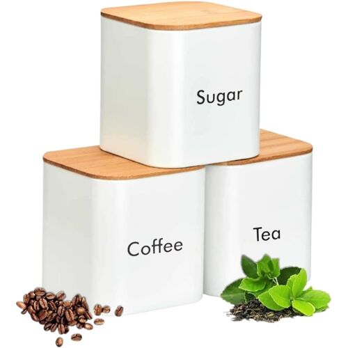 Jexnovashop-Lot De 3 Cuisine Boîtes De Rangement Pour Café,Thé,Sucre Avec Couvercle Hermétique En Bambo,Métal Pot Pour Ranger Vos Sachets De Thé,Cubes De Sucre Et Grains De Café Ou Poudre Préférés (B