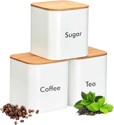 Cmws-Lot De 3 Cuisine Boîtes De Rangement Pour Café,Thé,Sucre Avec Couvercle Hermétique En Bambo,Métal Pot Pour Ranger Vos Sachets De Thé,Cubes De Sucre Et Grains De Café Ou Poudre Préférés (Blanc)