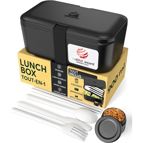 Tzf-Bento Lunch Box, Couverts & Pots À Sauce Inclus, Boîte Repas Encastrable, Lunchbox Micro-Ondable, Boîte À Lunch Adulte Compartimentée, Bento Box, Noir Onyx, 900 Ml
