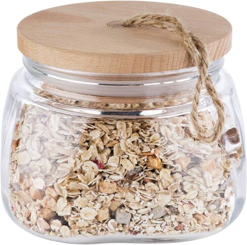 KAL-Pot De Stockage Woody -Récipient En Verre De Haute Qualité Avec Couvercle En Bois -Le Joint En Silicone Permet De Conserver Plus Longtemps L'Arôme Du Contenu -1 Litre, Récipient De Stockage