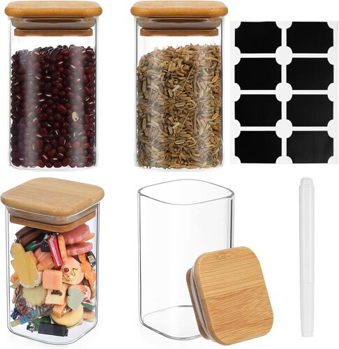 Kal-4 Pcs Bocaux En Verre Hermétique, 300 Ml Pots Et Bocaux De Conservation Verres, Boîte Bocal En Verre Avec Couvercle En Bambou Hermétique Pour Rangement Cuisine Épices Café Poudre