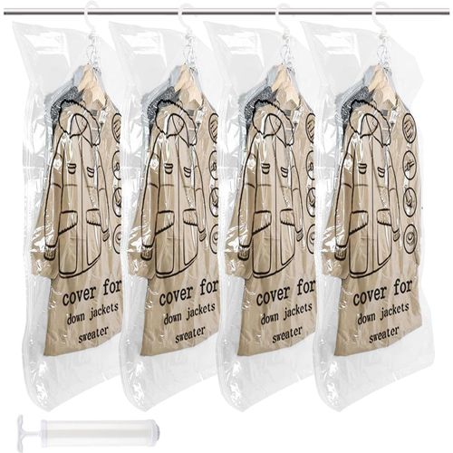 lbgwp60-Housse De Rangement Sous Vide, 4 Pièces Sacs De Rangement Sous Vide Suspendus Pour Vêtement, 110X70Cm, Housse Sous Vide Pour Vetement Avec Pomper, Pour Costumes, Manteaux, Vestes