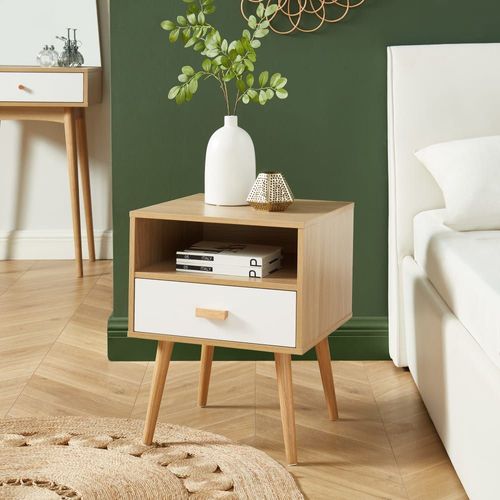 Table De Chevet Blanc Et Effet Bois Et Chêne 1 Tiroir 40cm