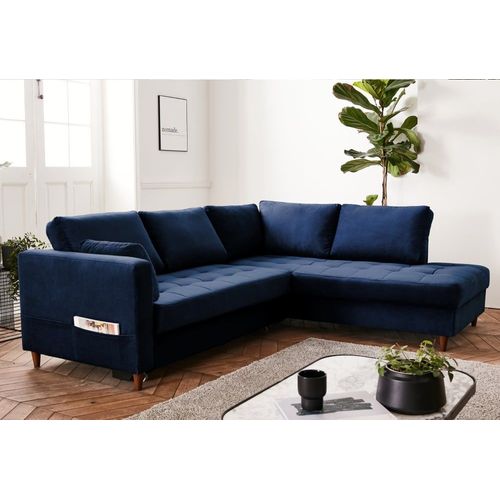 Canapé D'angle Droit Convertible 5 Places En Velours Bleu Nuit