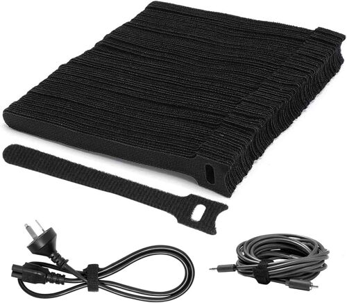 Lot De 100 Réglables Réutilisables Attache Cable, 1 ×15 Cm Serres-Câbles, Sangles Câble Avec Crochet Et Boucle, Attaches Câbles Set (Noir)