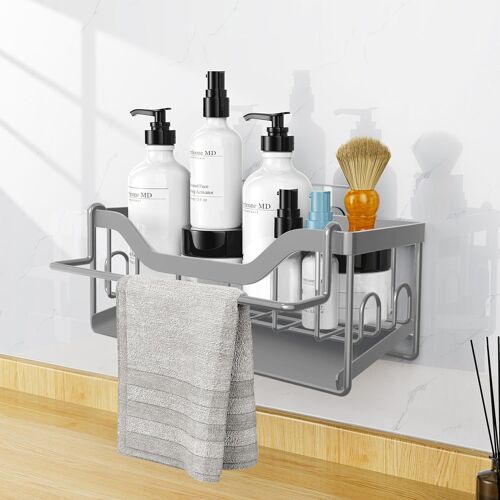 Sjzg-Porte Eponge Evier Cuisine,Organisateur Evier Cuisine Mural Avec Bac De Vidange,Rangement Evier Cuisine Avec Porte-Serviettes,Support Eponge Evier Cuisine Avec Adhésif (Gris)