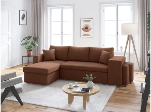 Canapé convertible avec 2 poufs droit en velours côtelé - Marron