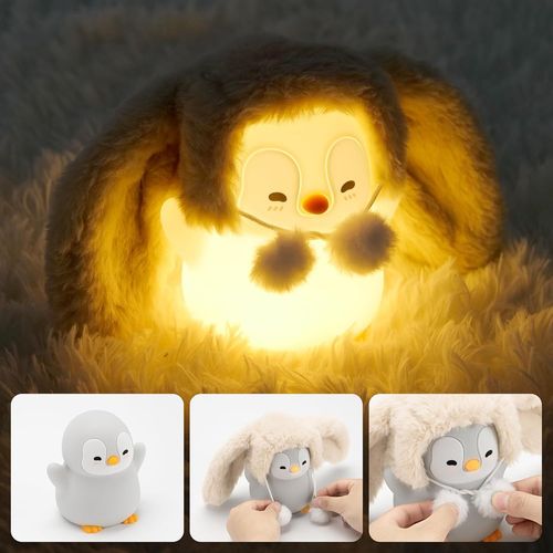 Veilleuse Pingouin, Veilleuse Pour Enfants, Lampe De Chevet En Silicone, Veilleuse De Pâques Avec Oreilles De Lapin, Lampe De Table Led Tactile Rechargeable (Position Debout)