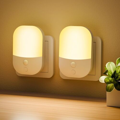 Subzonal-Lot De 2 Veilleuse Avec Capteur De Crépuscule, 5 Niveaux De Luminosité Réglable, On/Off/Auto Modes, 3000k Blanche Chaude Veilleuse Pour Couloirs, Chambres, Cuisines, Salons, Salles De Bain,