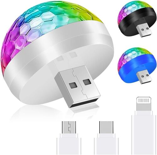 Mini Lampes Disco, 3 Pcs Usb Lumière De Boule, 4 Couleurs Mini Lumière Stroboscopique Portable Avec 9 Adaptateurs, Lumière D'ambiance De Voiture Led Pour Fêtes De Noël Dj Intérieur De Voiture