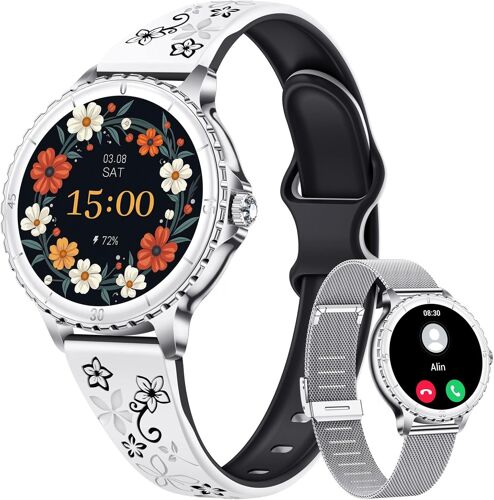 Montre Connectée Femme Sport: Argent Ronde Smartwatch Avec Appel Bluetooth - 110+ Sportifs Montre Fitness Avec Podometre - Etanche Ip67 Smart Watch Pour Android Ios