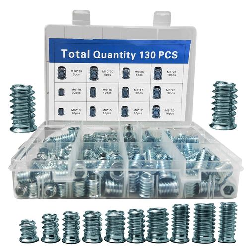 ChenQuanSarl-130 Pièces Insert Fileté,M6/M8/M10 Insert Fileté Bois,Écrous À Visser En Acier Galvanisé,Manchons À Visser En Acier Galvanisé, Insert Fileté Nuts Pour Meubles En Bois