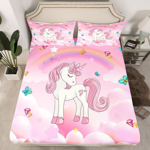 Kalanka-Drap Housse 90x190 Enfant Fille Licorne, Drap-Housse 1 Personne Enfant Licorne Rose Violet, Drap De Lit Diamant Arc-En-Ciel Étoiles De Galaxie, Housse De Matelas Licorne Arc-En-Ciel