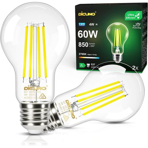 Ampoule Led Ultra Efficient E27, Classe Énergétique A, Blanc Chaud 2700k, 2.2w Équivalent 40w, Ampoule Led Filament Edison À Économie D'énergie, 465lm, Verre, 2 Pièces