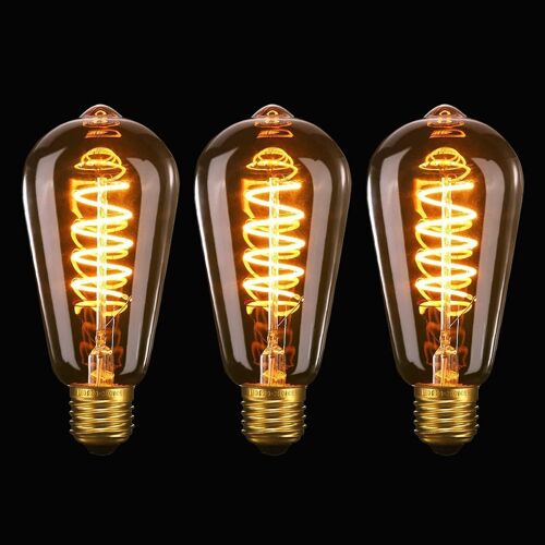Vintage Edison Ampoule E27 Led St64, 4w Spirale Flexible Courbé Led Filament E27 Dimable Ampoule Décorative Antique Blanc Chaud 2200k, 40w Équivalent, Pour Café, Maison, Bars Et Restaurant,Lot De 3