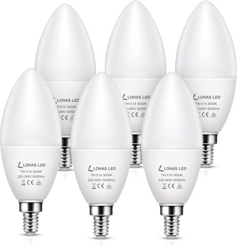 Lohas Ampoules Led E14 C37,7w E14 Bougie Led, Équivalent Ampoule Incandescente De 60w, Blanc Chaud 3000k, 600 Lumens, Ampoules À Bougie À Vis Edison, Non Dimmable, Lot De 6