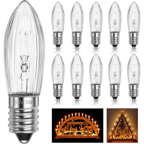 KALANKA-Ampoule E10 14V 3W Bougie avec 16 Points de Combustion Ampoules de rechange, Blanc Chaud 2700K, Ampoule Bougie E10 pour Arche Lumineuse, Arbre de Noël, Guirlande, Lot de 10