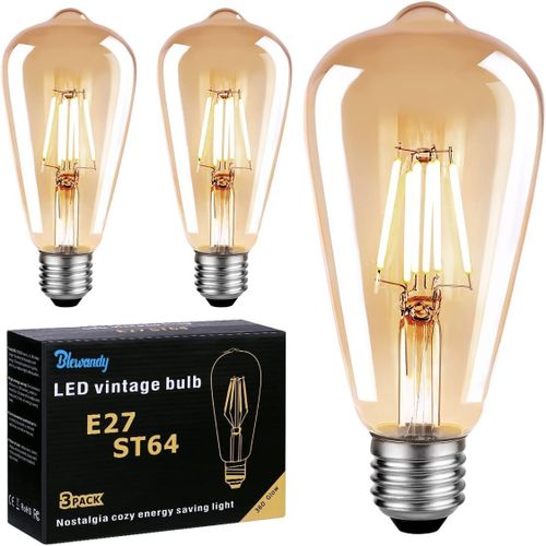 Ampoule Led Edison E27, Ampoule E27 Vintage St64 6w 600lm Equivalent Incandescente 60w, 2700k Blanc Chaud Rétro Filament Ampoule Edison Antique Lampe Décorative Pour Restaurant Café Bar, Lot De 3