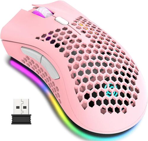 Souris de jeu optique sans fil avec coque creuse en nid d'abeille, ¿¿clairage color¿¿, rechargeable, 3 DPI r¿¿glables, clic silencieux, pour gamer, ordinateur, bureau (rose)