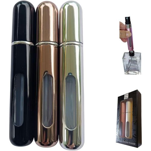Kalanka-® Lot De 3 Atomiseurs De Parfum Rechargeables 8 Ml | Lot De 3 Bouteilles De Cologne Rechargeables Pour Voyage | Porte-Parfum Sans Fuite Avec Fenêtre | Avec Boîte Cadeau (Noir, Argent, Cuivre 