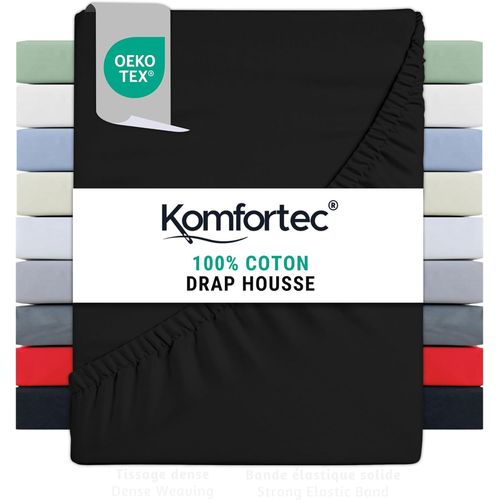 Tianyi-Drap Housse Lit 180x200 Cm - Jersey 100% Coton 135g/M² - Certifié Oeko-Tex - Bonnet 30 Cm - Drap Lit Avec Élastique Pour Matelas Épais - Noir