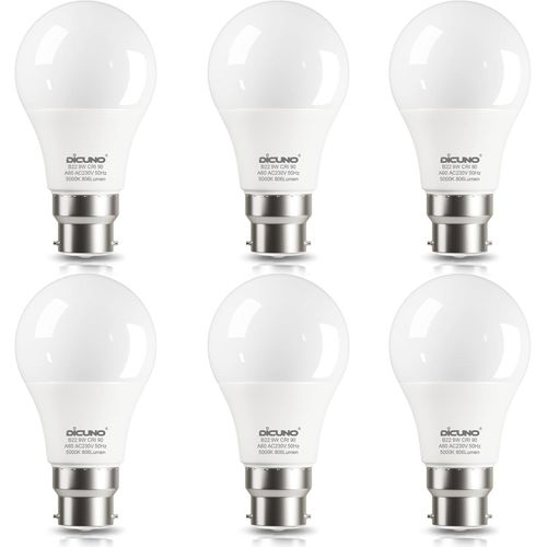 Ampoule Led B22, 9w Lampe Baïonnette Équivalent 60w Halogène, Blanc Froid 5000k, 806lm, Cri 90, Non-Dimmable, Ampoule Led Standard Baïonnette B22 Pour L`Éclairage Domestique, 6 Piè[Amp741579]