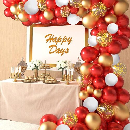 MEVRONISSHOP-107 pièces Kit Rouge Or BlancGuirlande de Ballon Ballons Latex,Confettis Ballons Utilisé Décoration pour Mariage Fête Anniversaire Soirée Baptême