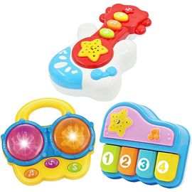 KALANKA-Set Instruments Musicaux Bébé - Guitare Bongo Tambours et Piano - Projecteur Lumières Sommeil - Plusieurs Modes Jeu avec Fonction Arrêt Automatique pour Bébés 6+ Mois