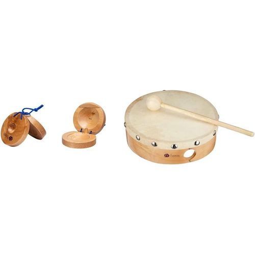 Kalanka-Fuzeau - 8275 - Paire De Castagnettes À Doigts En Bois - Légères - A Entrechoquer En Rythme - Dès 4 Ans & 70626 - Tambourin En Bois - Peau Naturelle Ø 15 Cm Sans Cymbalette - Livré Avec 1 Mai