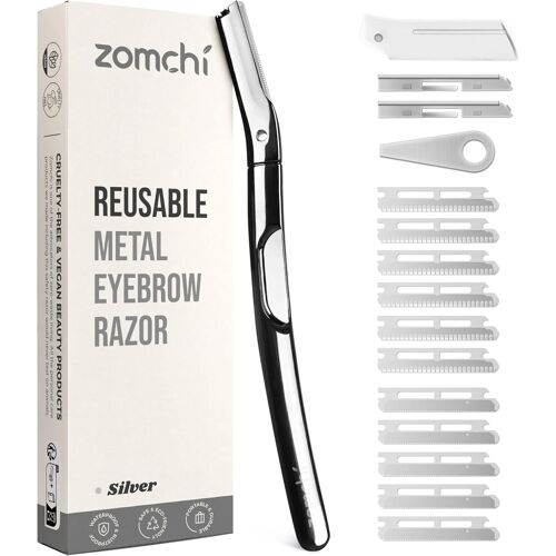 Rasoir À Sourcils Et Rasoir Pour Le Visage Pour Femmes Et Hommes, Manche En Métal Avec 11 Lames De Recharge, Rasoir Dermaplane Avec Capuchon De Protection En Silicone Argent Poli