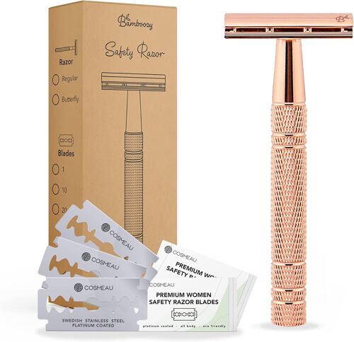 Rasoir De Sureté Avec 20 Lames Premium Pour Femmes Rasoir Manuel Aluminium Lames Doubles Sans Plastique Zéro Déchet (Or Rose)