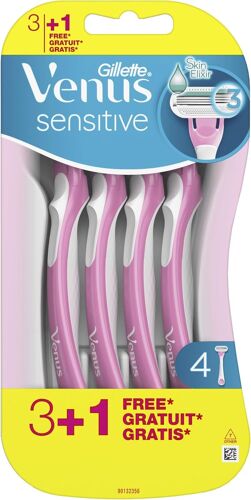 Rasoirs Jetables Pour Femme, Sensitive, Lot De 4, Pour Les Femmes A La Peau Sensible, A 3 Lames, Avec Une Bande Lubrifiante Et Une Tete Arrondie Pour Un Rasage De Près Confortable