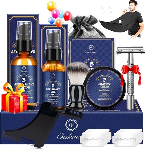 Men's Beard Care Kit, Complete Men's Shaving Gift Set ¿ Professional Beard Product With Beard Oil, Shaving Foam, After Shave, Safety Razor, Shaving Brush, Comb Stencil, Bib, Blades 