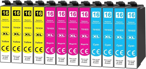 Lot de 12 Cartouches d'encre 16XL compatibles avec Epson 16 16XL Couleur pour Workforce WF-2760 WF-2630 WF-2510 WF-2660 WF-2750 WF-2650 WF-2540 WF-2530 WF-2520