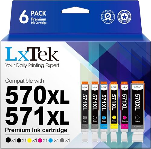 Compatible Cartouches d'encre Remplacement pour Canon 570XL 571XL pour Pixma MG7700 MG7750 MG7751 MG7752 MG7753 TS8050 TS8051 TS8052 TS8053 TS9050 (PGBK Noir Cyan Magenta Jaune Gris, 6-Pack)