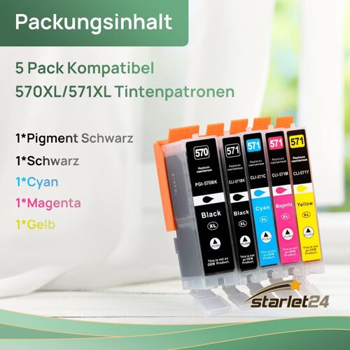 Lot de 5 cartouches d'encre équivalentes à PGI-570 CLI-571 Canon Pixma MG5750-5753 MG6850-6852 MG7750-7751 TS5050-5055 TS6050-6052 TS8050 TS8051-8053 TS9050 - 9055