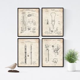Few-Lot De 4 Feuilles Avec Des Motifs De Brevet D'équipement Médical Ensemble D'affiches Avec Inventions Et Anciens Brevets. Tensiomètre, Stéthoscope, Otoscope, Seringue.