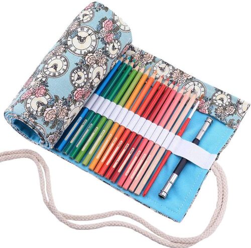 Kal-Trousse Enroulable Crayon, Pliable Rangement En Tissu Pour 48 Crayons De Couleur, Horloge Fleur Bleue