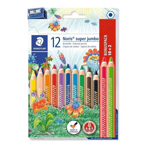 Kalanka-Noris Super Jumbo 1287 - Etui Carton 10 Crayons De Couleur Gros Module Assortis + 2 Crayons De Couleur 1287-23 Et 1287-50 + 1 Taille-Crayon 510 90 Offert
