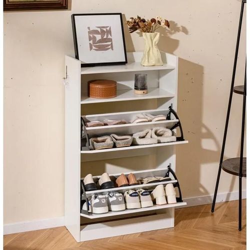 COSTWAY Meuble a Chaussure avec 2 Tiroirs Abattants, Rangement Ouvert, Étagère à Chaussures pour Entrée, Couloir, Hall, Salon Blanc