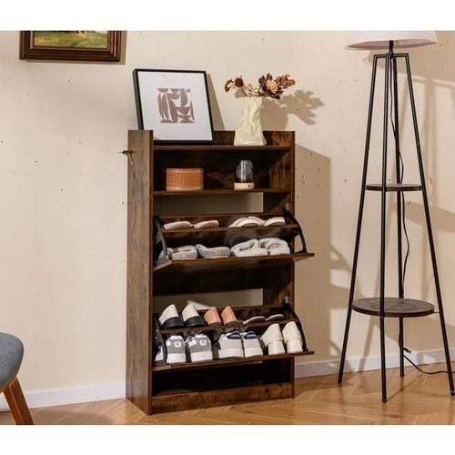 COSTWAY Meuble a Chaussure avec 2 Tiroirs Abattants, Rangement Ouvert, Étagère à Chaussures pour Entrée, Couloir, Hall, Salon Marron