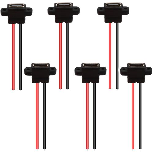 JGD-6PCS Type C Câble d'Extension 2 Pin à Souder - Connecteur Femelle USB-C à Montage sur Panneau avec Anneau en Caoutchouc pour Port de Charge Rapide