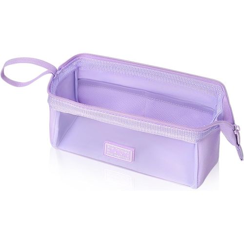ERYI-Étui À Crayons Zippé En Toile, Grande Capacité Trousse Scolaire Sac De Maquillage Transparent Bateau Oxford + Tpu 22×11×9Cm (Bleu Foncé)