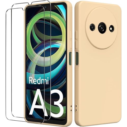 Bin Case For Xiaomi Redmi A3 4g (6.71 Inches) With 2 Tempered Glass Screen Protectors, Soft Tpu Silicone Shockproof Bumper Case Cover Anti-Scratch Case Cover ¿ Beige