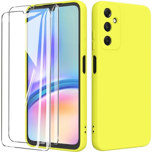 Bin Case For Samsung Galaxy A05s 4g (6.7 Inches) With 2 Tempered Glass Screen Protectors, Soft Liquid Tpu Silicone Shockproof Bumper Case Cover - Yellow