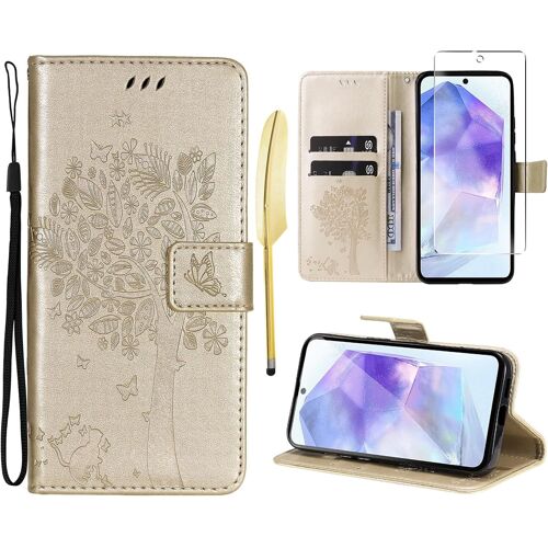 Case for Samsung Galaxy A55 5G [1 x Tempered Glass] Folio Protective Case Cover PU Leather Wallet Silicone [Magnetic Closure][Card Slots][Stand Feature] - Gold