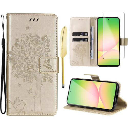 Case for Samsung Galaxy A56 5G [1 x Tempered Glass] Folio Protective Case Cover PU Leather Wallet Silicone [Magnetic Closure][Card Slots][Stand Feature] - Gold
