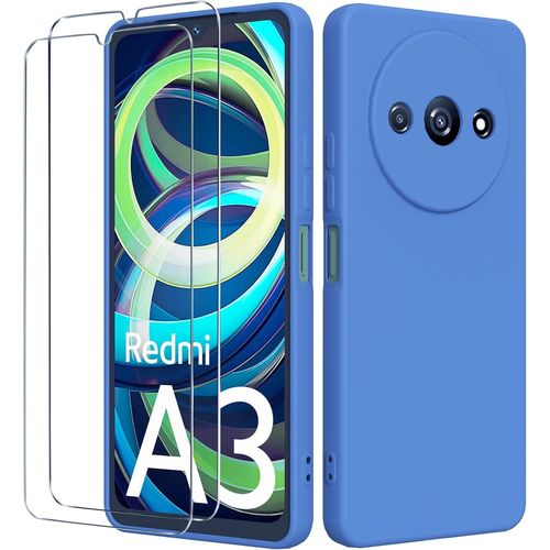 Bin Case For Xiaomi Redmi A3 4g (6.71 Inches) With 2 Tempered Glass Screen Protectors, Soft Tpu Silicone Shockproof Bumper Case Cover - Blue