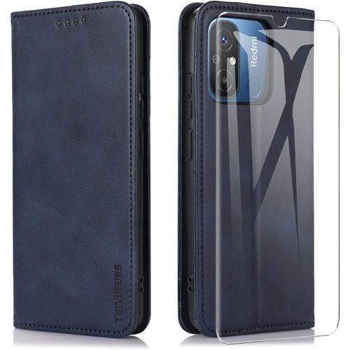 Case For Xiaomi Redmi 12c/11a With Tempered Glass Screen Protector, Pu Leather Magnetic Wallet Case For Xiaomi Redmi 12c/11a ¿ Blue