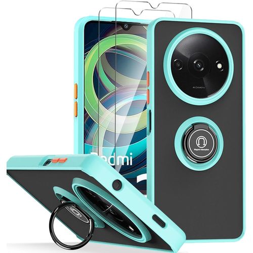 Case For Xiaomi Redmi A3 Blue With Ring Stand Case + 2 X Tempered Glass Screen Protector, Pc+ Tpu Protective Case Cover Shockproof